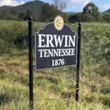 A town marker for Erwin, Tennessee along a rural roadside