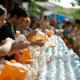 Volunteers hand out water and essentials in a flooded community