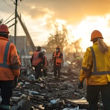 Relief team clears debris amid widespread damage at sunset