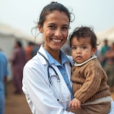 Medical volunteer cares for a child at a field clinic site