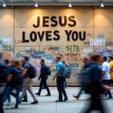 Pedestrians pass a graffiti wall reading Jesus Loves You