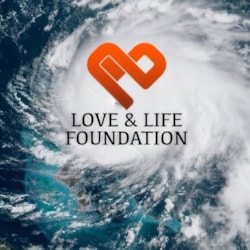 Satellite view shows a hurricane with Love & Life Foundation logo
