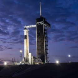 SpaceX rocket on the launch pad before liftoff at daybreak