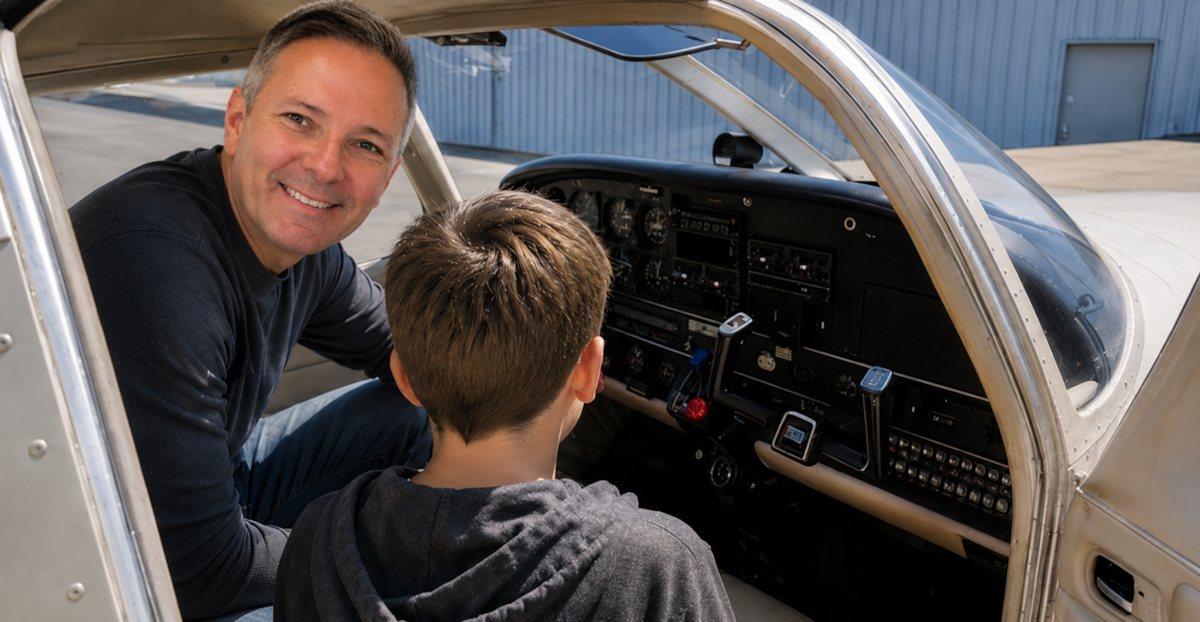 Introducing a young visitor to the cockpit of the Piper Cherokee 6/300