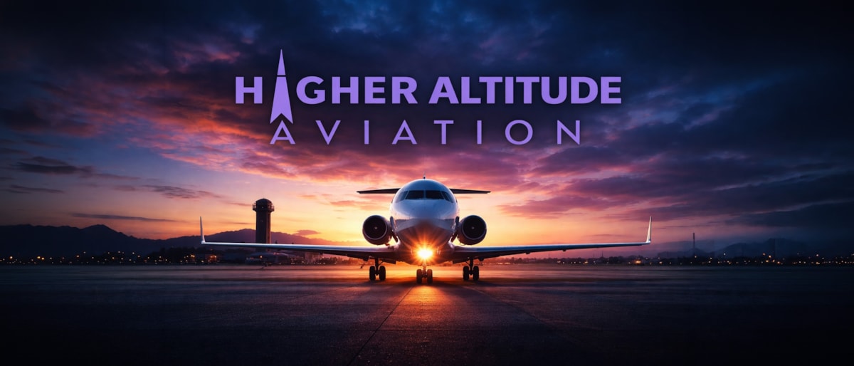 A jet sits at dawn under the Higher Altitude Aviation name