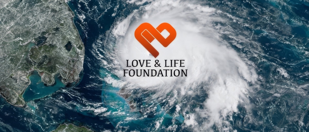 Satellite view shows a hurricane with Love & Life Foundation logo
